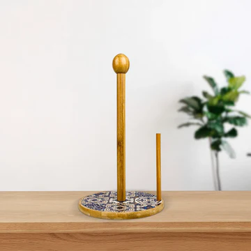 Wooden Tissue Roll Holder with Blue Pottery Base