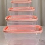 4-Piece Airtight Plastic Food Storage Container Set – Transparent with Peach Lids for Kitchen & Fridge