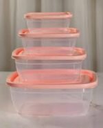 4-Piece Airtight Plastic Food Storage Container Set – Transparent with Peach Lids for Kitchen & Fridge