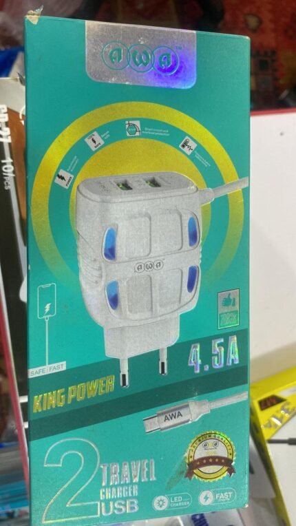 AWA King Power 4.5A Dual USB Travel Charger – Fast Charging Adapter with LED Indicator, 2 USB Ports for Mobile & Tablet