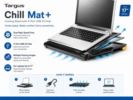 Targus Chill Mat+ Laptop Cooling Pad with Dual Fans & 4-Port USB 2.0 Hub – Adjustable Cooling Stand for Laptops