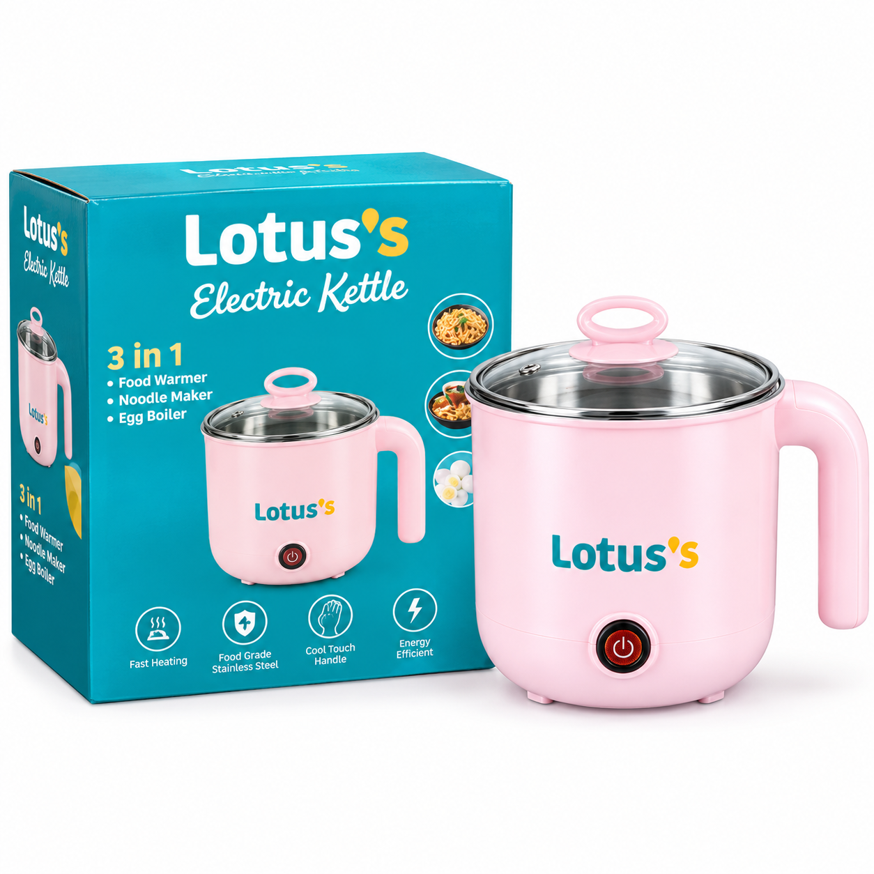 Lotus’s Pink Electric Kettle Set 3-in-1 Electric Cooking Kettle with Stainless Steel Inner Pot, Transparent Lid, Food Warmer, Noodle Maker & Egg Boiler - Image 1